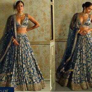 Lashkaraa -Blue Embroidered Brocade Lehenga × 1- Size M WORN ONCE